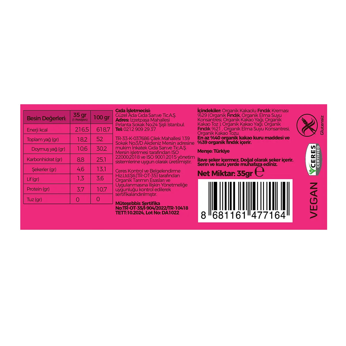 Lokma Çikolata Duble Kakao Fındık Vegan Bar 2X35 Gr