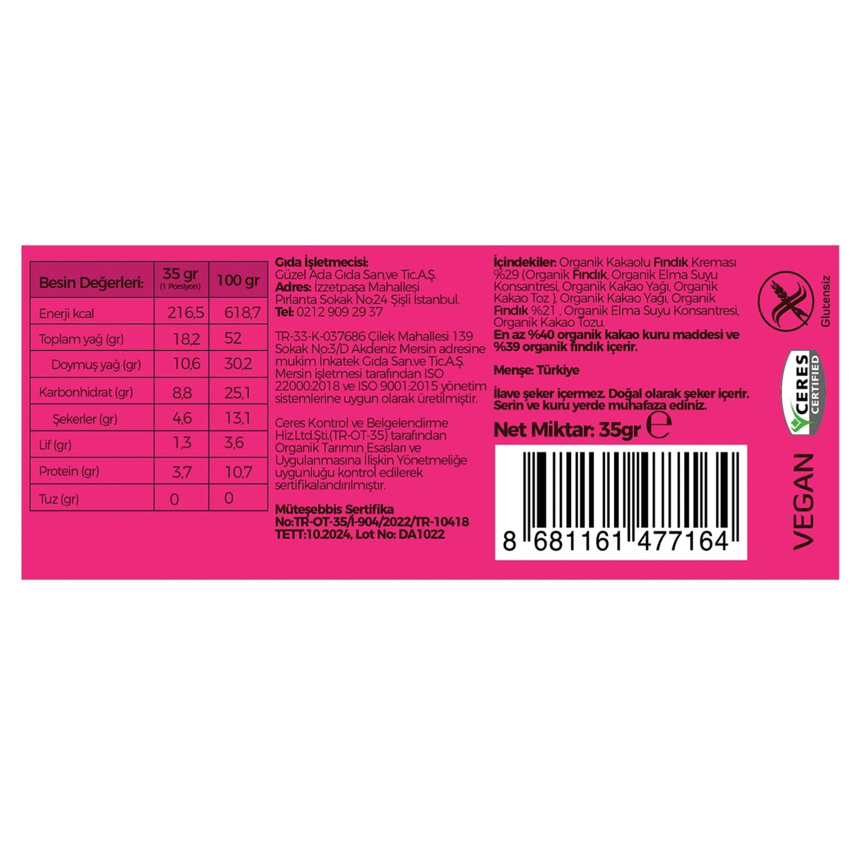 Lokma Çikolata Duble Kakao Fındık Vegan Bar 35 Gr