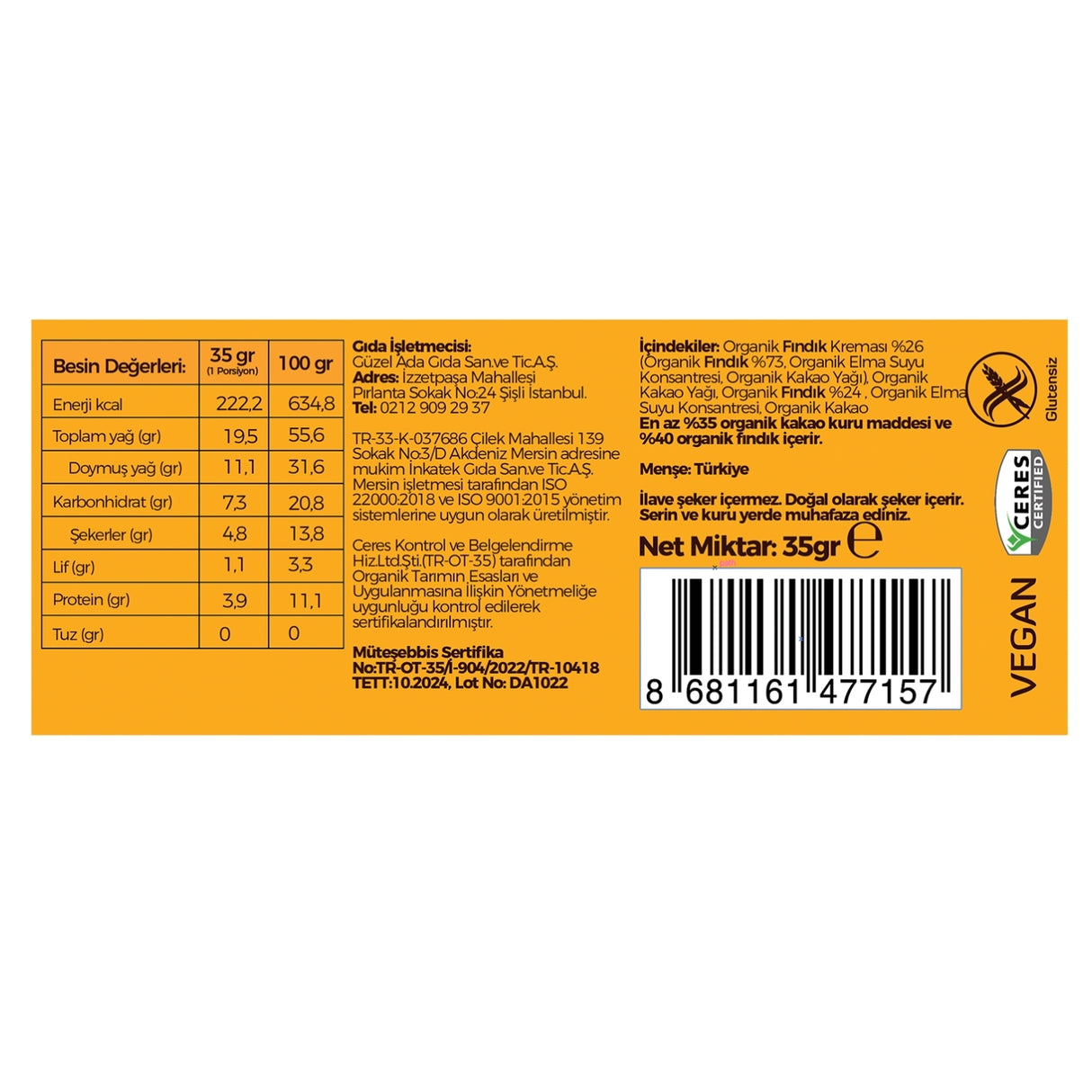 Lokma Çikolata Fındık Ezmeli Vegan Bar 35 Gr