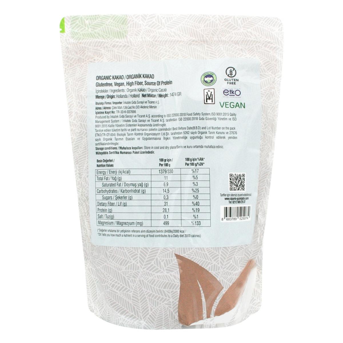 Organik Kakao Tozu Glutensiz 1474 Gr